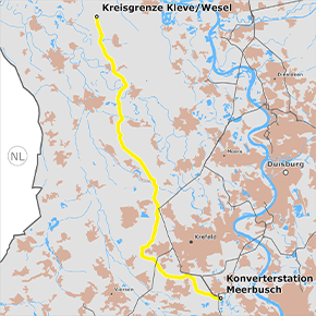 möglicher Trassenverlauf des Abschnitts NRW3a Kreisgrenze Kleve/Wesel – Konverterstation Meerbusch des BBPlG-Vorhabens 1 möglicher Trassenverlauf des Abschnitts NRW3a Kreisgrenze Kleve/Wesel – Konverterstation Meerbusch des BBPlG-Vorhabens 1