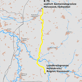 Trassenverlauf des Abschnitts zwischen den Punkten B 75 südlich Gemeindegrenze Helvesiek / Scheeßel und Grenze Heidekreis / Region Hannover Trassenverlauf des Abschnitts zwischen den Punkten B 75 südlich Gemeindegrenze Helvesiek / Scheeßel und Grenze Heidekreis / Region Hannover