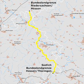 Trassenverlauf des Abschnitts Landesgrenze Niedersachsen/Hessen und südliche Landesgrenze Hessen/Thüringen des BBPlG-Vorhabens 4; eine detaillierte Darstellung finden Sie in den Antragsunterlagen Trassenverlauf des Abschnitts Landesgrenze Niedersachsen/Hessen und südliche Landesgrenze Hessen/Thüringen des BBPlG-Vorhabens 4; eine detaillierte Darstellung finden Sie in den Antragsunterlagen