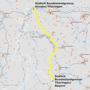 Trassenverlauf des Abschnitts Südlich Bundeslandgrenze Hessen/Thüringen – Südlich Bundeslandgrenze Thüringen/Bayern des BBPlG-Vorhabens 4; eine detaillierte Darstellung finden Sie in den Antragsunterlagen Trassenverlauf des Abschnitts Südlich Bundeslandgrenze Hessen/Thüringen – Südlich Bundeslandgrenze Thüringen/Bayern des BBPlG-Vorhabens 4; eine detaillierte Darstellung finden Sie in den Antragsunterlagen