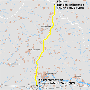 Trassenverlauf des Abschnitts Südlich Bundeslandgrenze Thüringen/Bayern - Konverterstation Bergrheinfeld/West des BBPlG-Vorhabens 4 Trassenverlauf des Abschnitts Südlich Bundeslandgrenze Thüringen/Bayern - Konverterstation Bergrheinfeld/West des BBPlG-Vorhabens 4